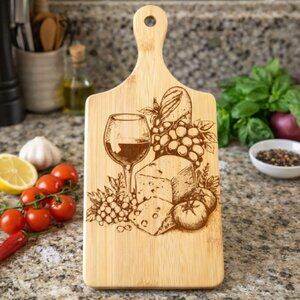 Custom Laser Engraved Bamboo Cutting Board - 11 X 5 Inch - Wine/Cheese Images
